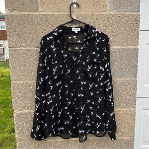 Express Portofino Shirt Blouse Birds Black Sheer Long Sleeve Roll Tab Size M